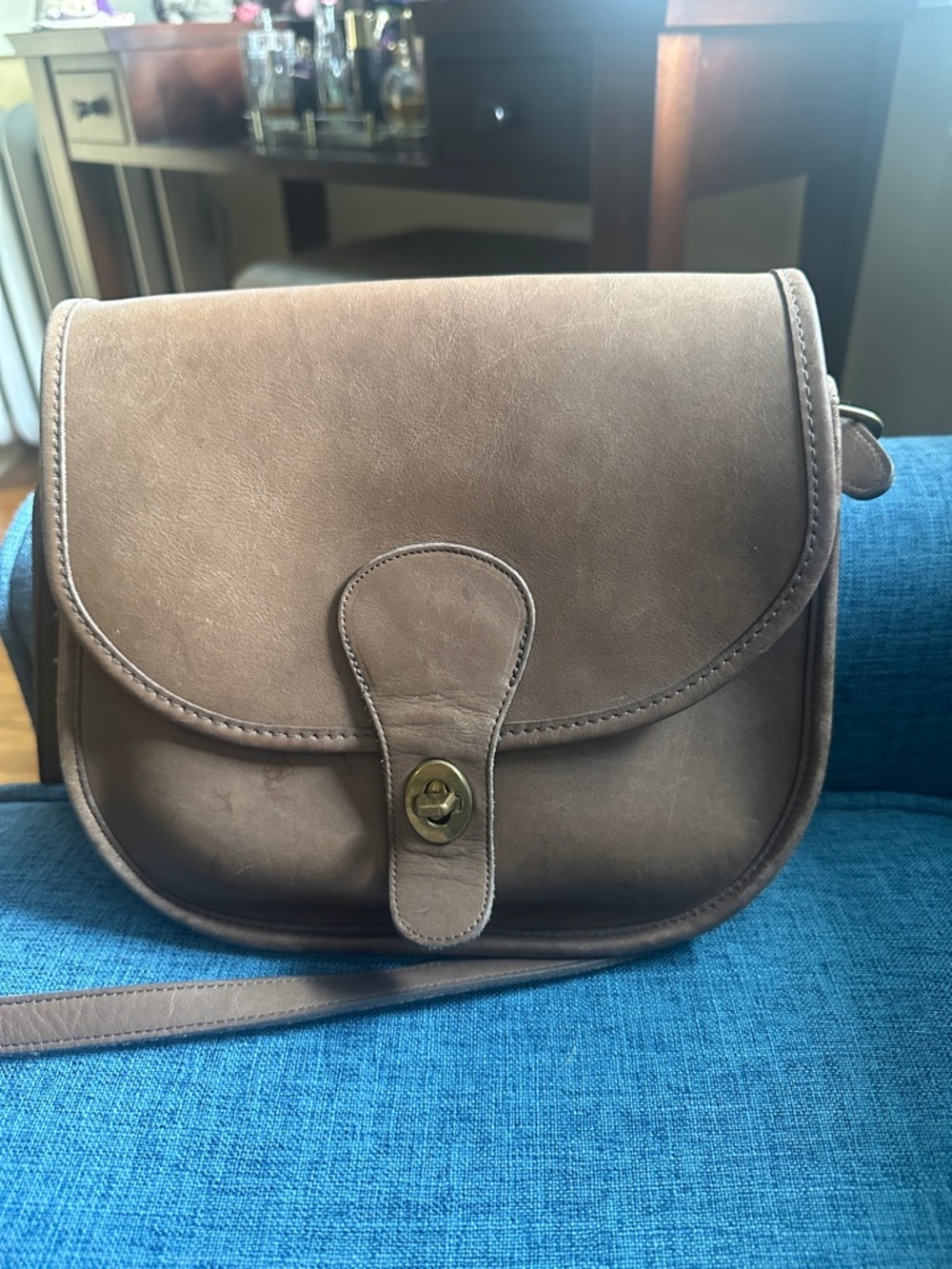 Vintage 80’s Coach Brown Leather Saddle Crossbody with Turn-Lock, Made in NYC
